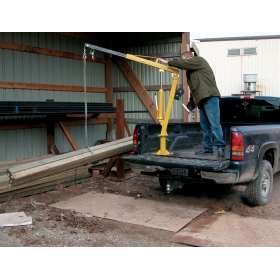 Pickup truck jib crane features steel construction.